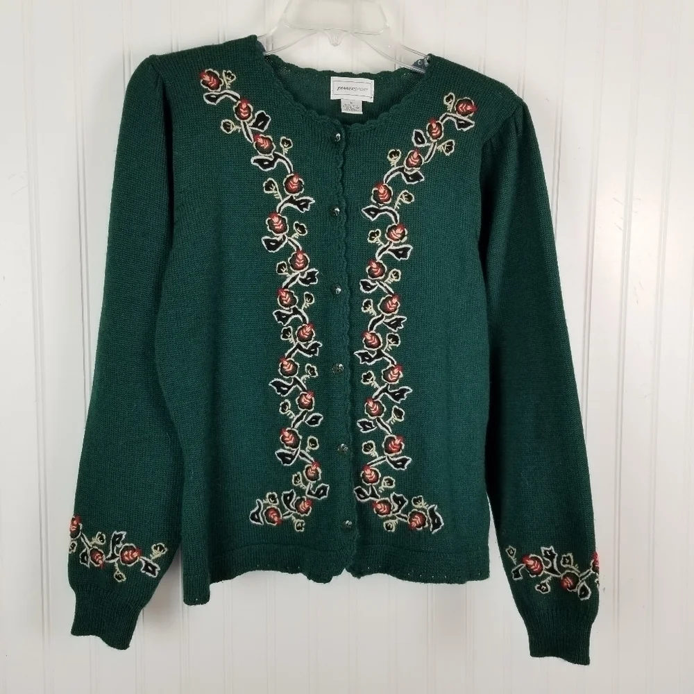Vintage Womens Wool Cardigan Sweater Size Medium Office Siren Green Embroidered